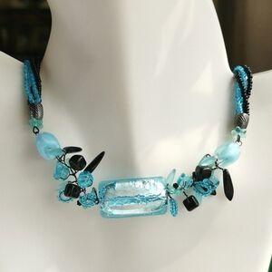 Murano Silver Foil Bead Necklace and Earring Set Turquoise Black